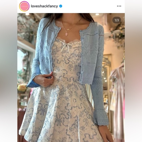 Love Shack Fancy Shai Linen Lace Ribbon Bow Mini Dress Blissful Blue White - Picture 13 of 15